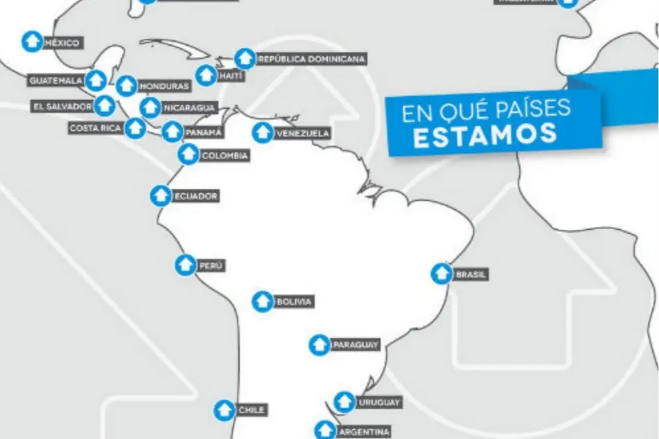 Un mapa de Sudamérica con los íconos de Techo en cada lugar donde están operando