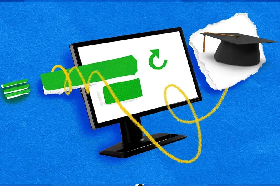 An illustration of a computer screen and a graduation cap.