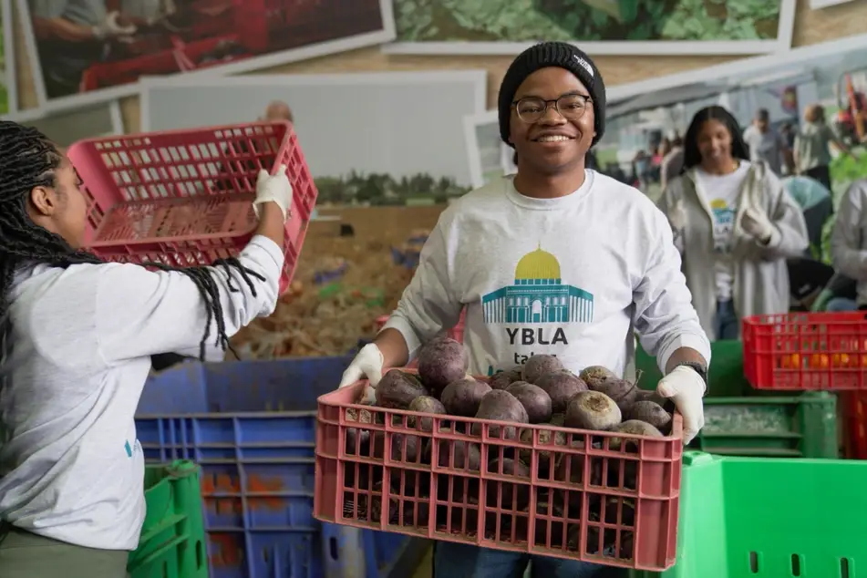 A photograph of a young Black person carrying a crate of beets, wearing a sweatshirt with the Young Black Leadership Alliance logo.