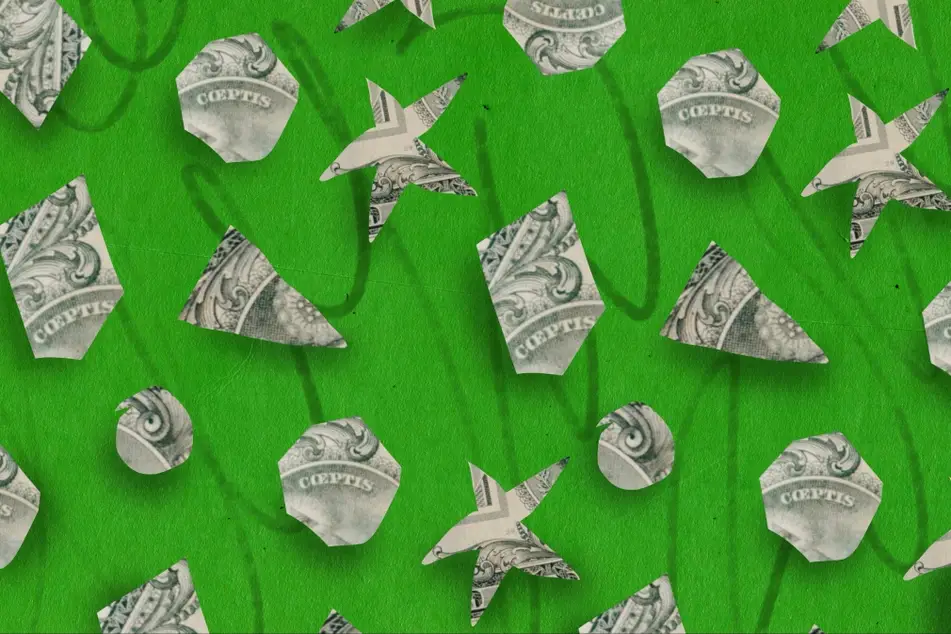 Abstract image of dollar bills folded into the shape of stars and circles