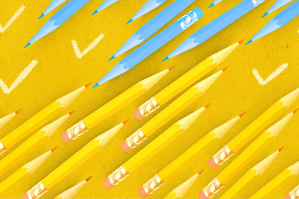 An illustration of yellow and blue pencils.