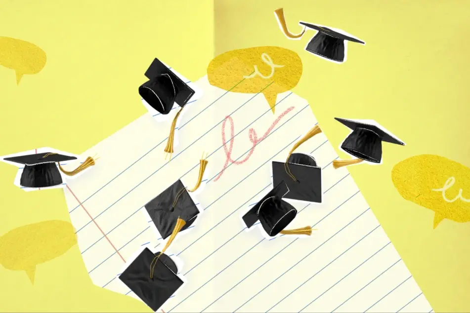 Illustration of a notepad and graduation caps.