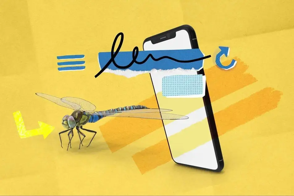 Illustration of a smartphone and a dragonfly.