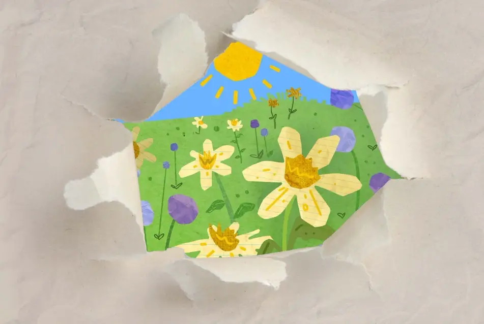 torn paper with flowers inside.