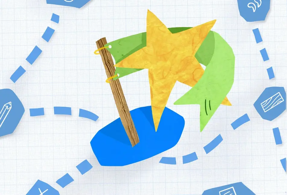 An abstract image of setting strategic personal goals, featuring doodles of a gold star, green flag, and blue shapes.