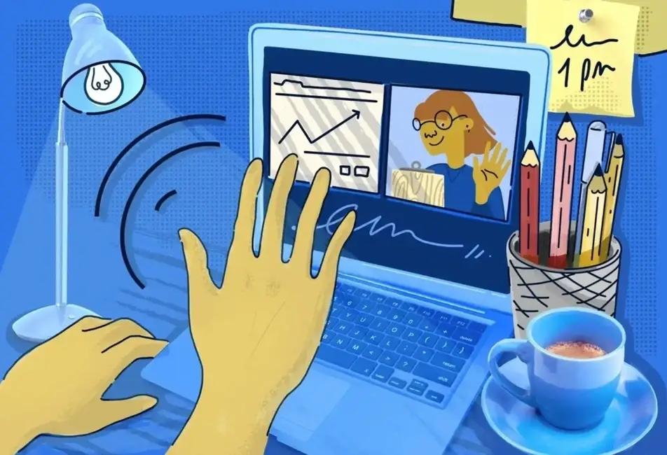 Las manos de una persona saludando a alguien en la pantalla de su computador