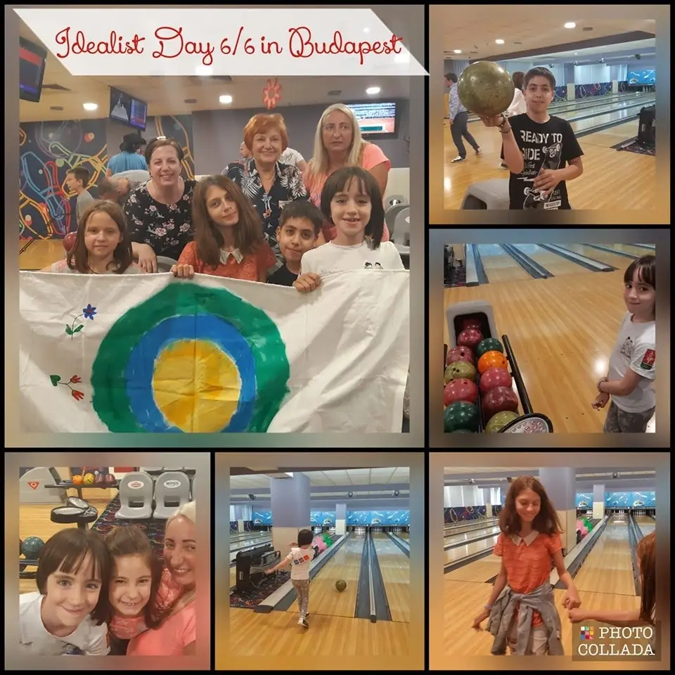 A collage of photos with people in a bowling alley.