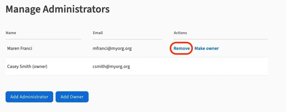 An image showing the "Remove" button on the "Manage Administrators" page.
