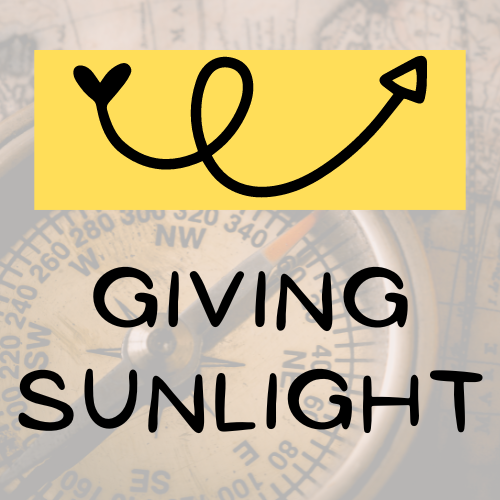 Giving Sunlight Logo that has a map and compass in the background. On top of the background is "Giving Sunlight" written in black font, and a yellow rectangle with a looped arrow that starts with a heart and points upward.