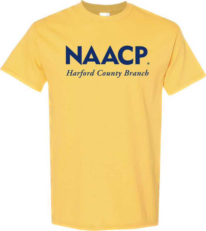 Yellow, short-sleeved t-shirt with navy blue text "NAACP Harford County Branch".