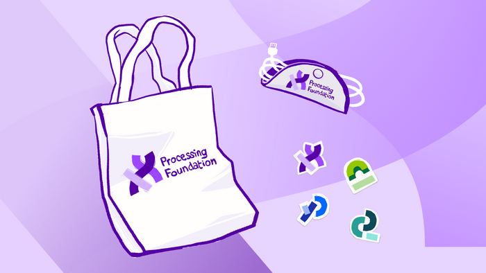 A drawing representing a Tote Bag and Tech Taco bearing the Processing Foundation logo, alongside stickers with various Processing logos