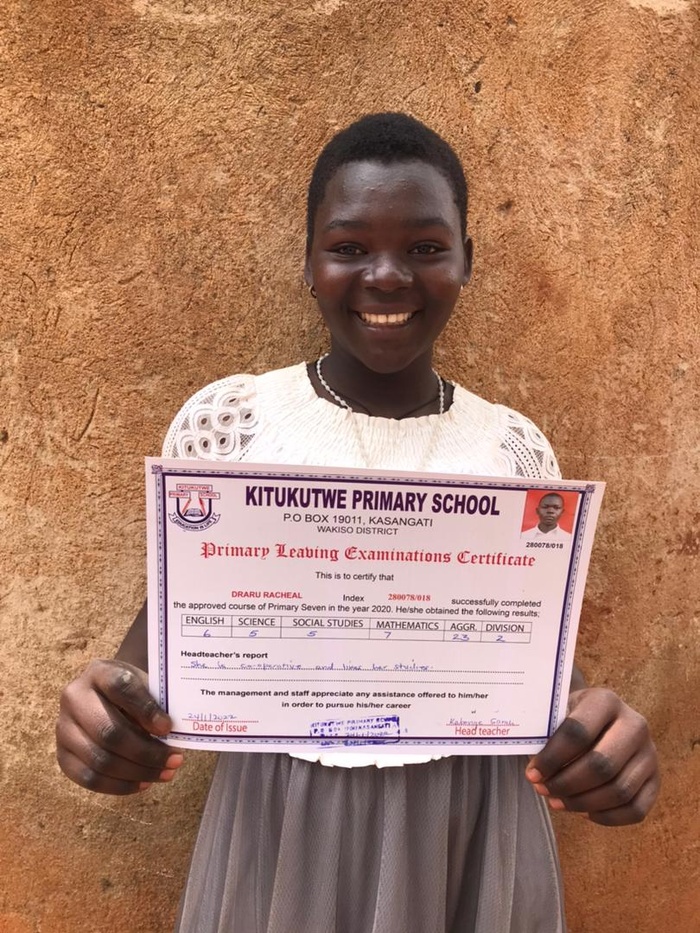 Because of your support, Racheal was able to get her Primary Level Certificate and go to secondary school