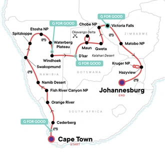 tourhub | G Adventures | Cape Town to Johannesburg Overland Safari | Tour Map