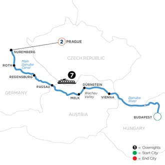 tourhub | Avalon Waterways | The Blue Danube Discovery with 2 Nights in Prague (Tranquility II) | Tour Map