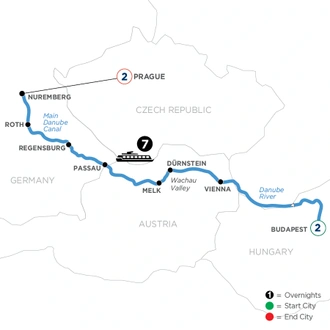 tourhub | Avalon Waterways | The Blue Danube Discovery with 2 Nights in Budapest & 2 Nights in Prague (Illumination) | Tour Map