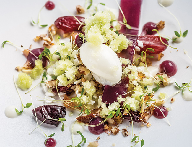 Grape, yoghurt and celery by Michael Wignall at Gidleigh Park