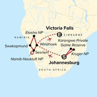 tourhub | G Adventures | Journeys: Kruger, Victoria Falls & Namibia | Tour Map