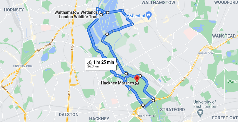 Hackney Marshes to Walthamstow Wetlands cycle route