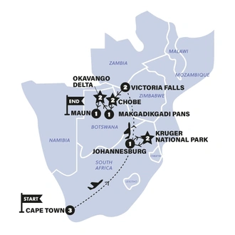 tourhub | Contiki | Cape to Delta Safari | 2026 | Tour Map