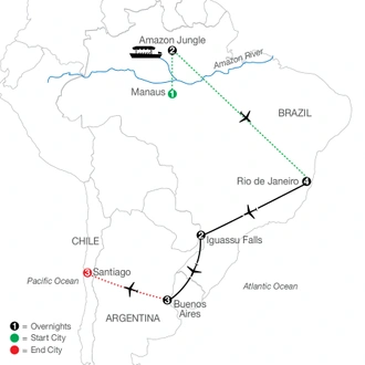 tourhub | Globus | South America Getaway with Amazon & Santiago | Tour Map