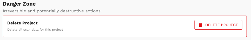 SOOS UI Manage page displaying deletion of projects in the danger zone