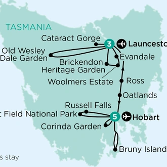 tourhub | APT | Private Gardens, Art & Taste of Tasmania with Bruny Island | Tour Map