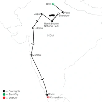 tourhub | Globus | Icons of India: The Taj, Tigers & Beyond with Udaipur & Southern India | Tour Map
