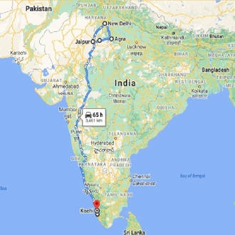 tourhub | UncleSam Holidays | Golden Triangle Tour with Backwaters of Kerala | Tour Map