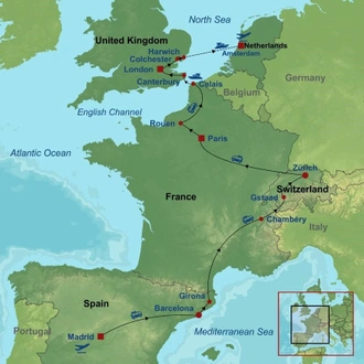 tourhub | Indus Travels | Sensational Spain, Switzerland, Paris, London and Amsterdam | Tour Map