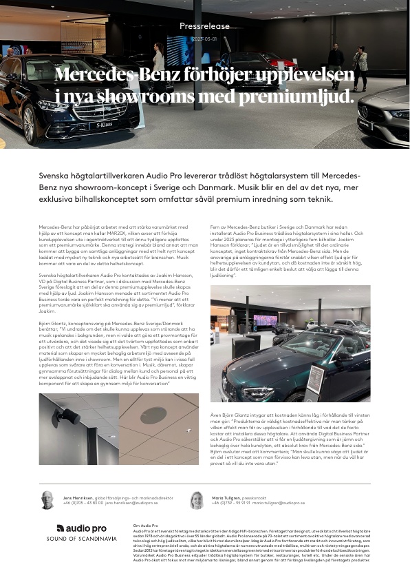 Pressrelease Svensk, Audio Pro Business, Mercedes-Benz