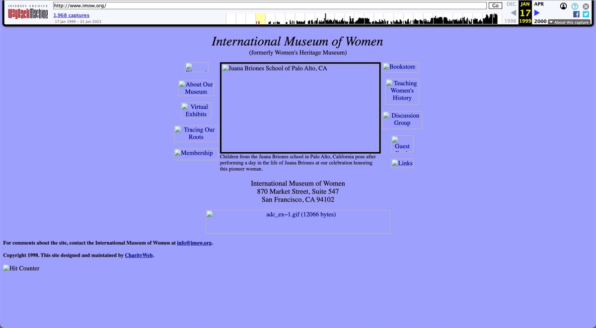The original, purple website for the International Museum of Women.