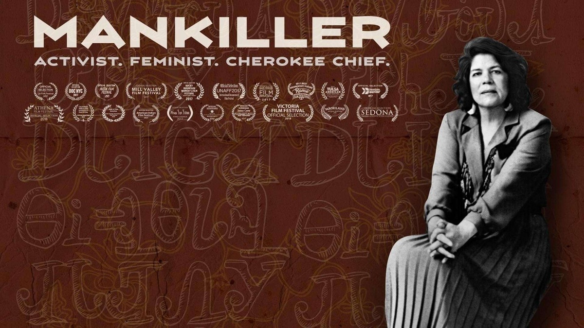 Color photograph. A movie poster with Wilma Pearl Mankiller.