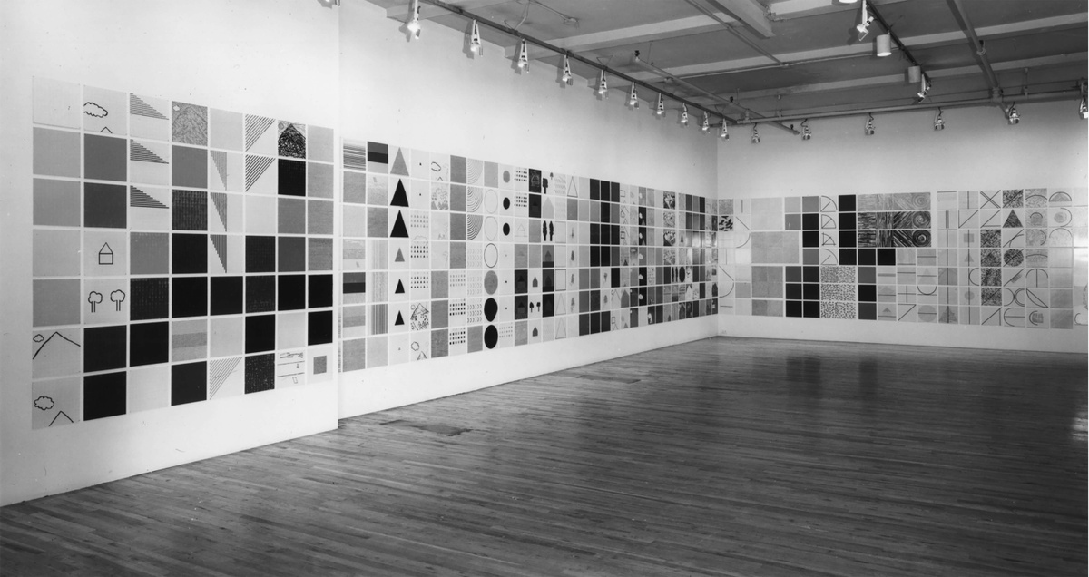 Black and white photo of Jennifer Bartlett, A New Work: Rhapsody exhibition at Paula Cooper Gallery
