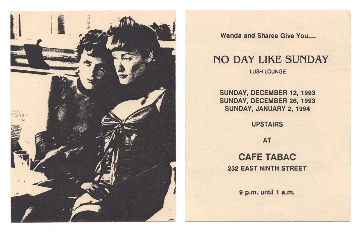 Hand-made invite. On the left, there are two women with short hair cuddling. On the right, there's text describing the details of the event.