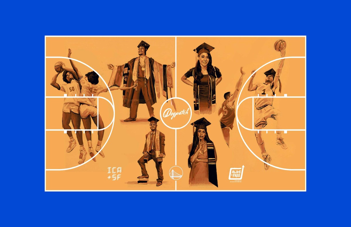 rendering of orange basketball court mural with white lines and blue out of bounds area. Figures on the court are see wearing cap and gowns or playing basketball