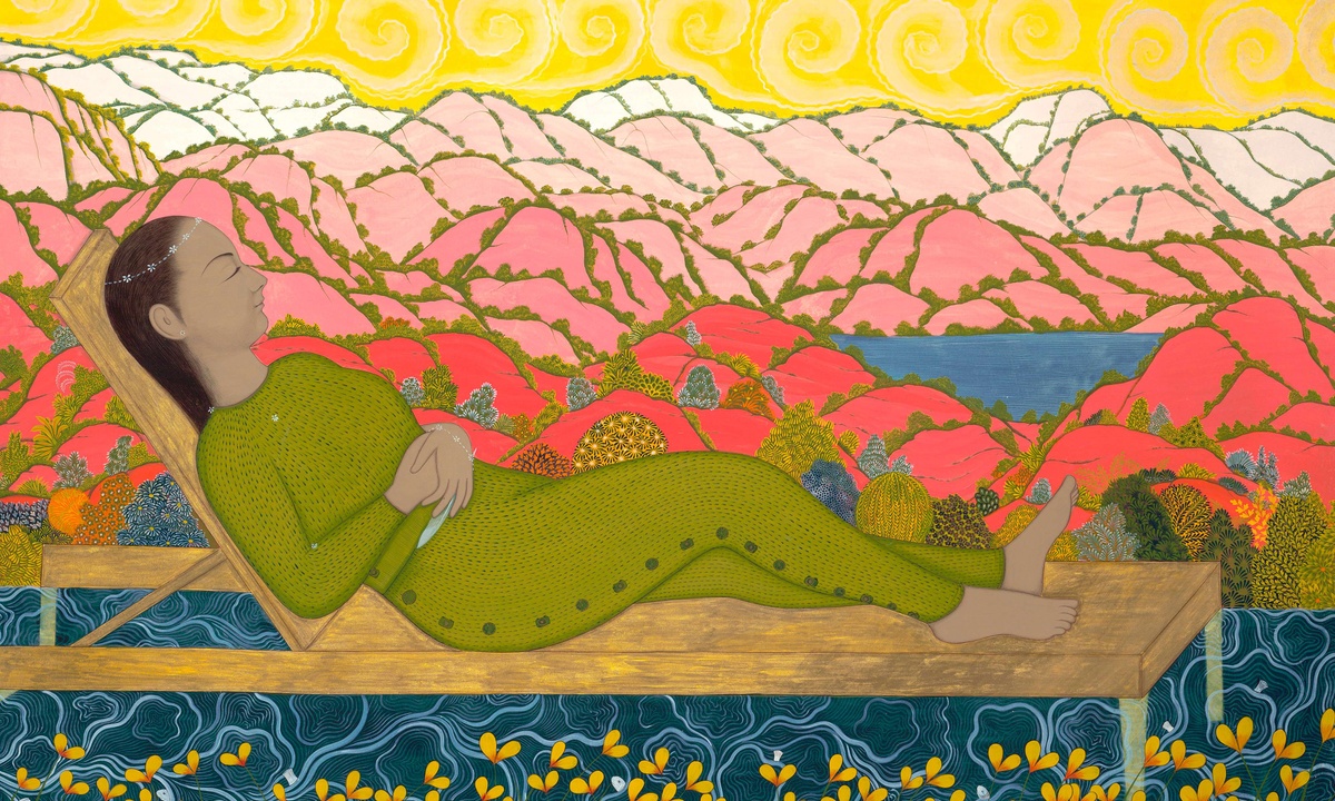figure dressed in full length green out against a background of pink hills