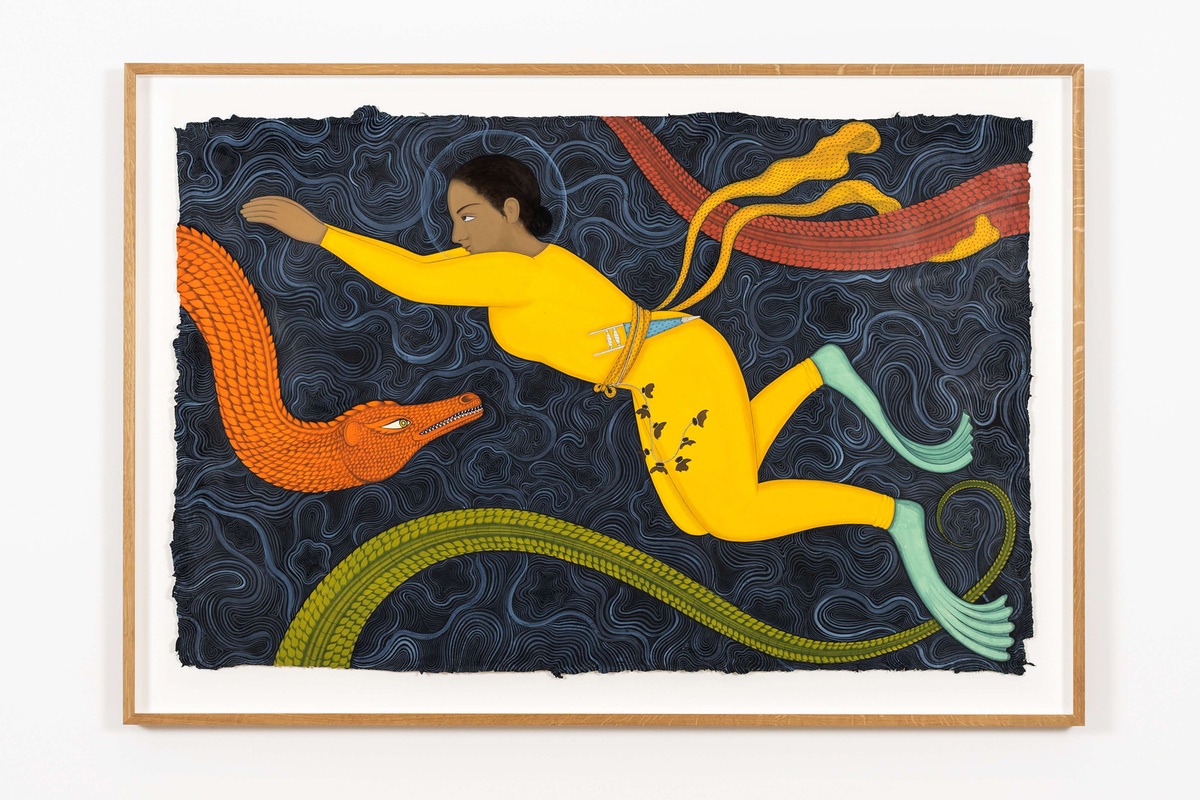 Figure in yellow against dark blue background with scaled creature swerving throughout the background.