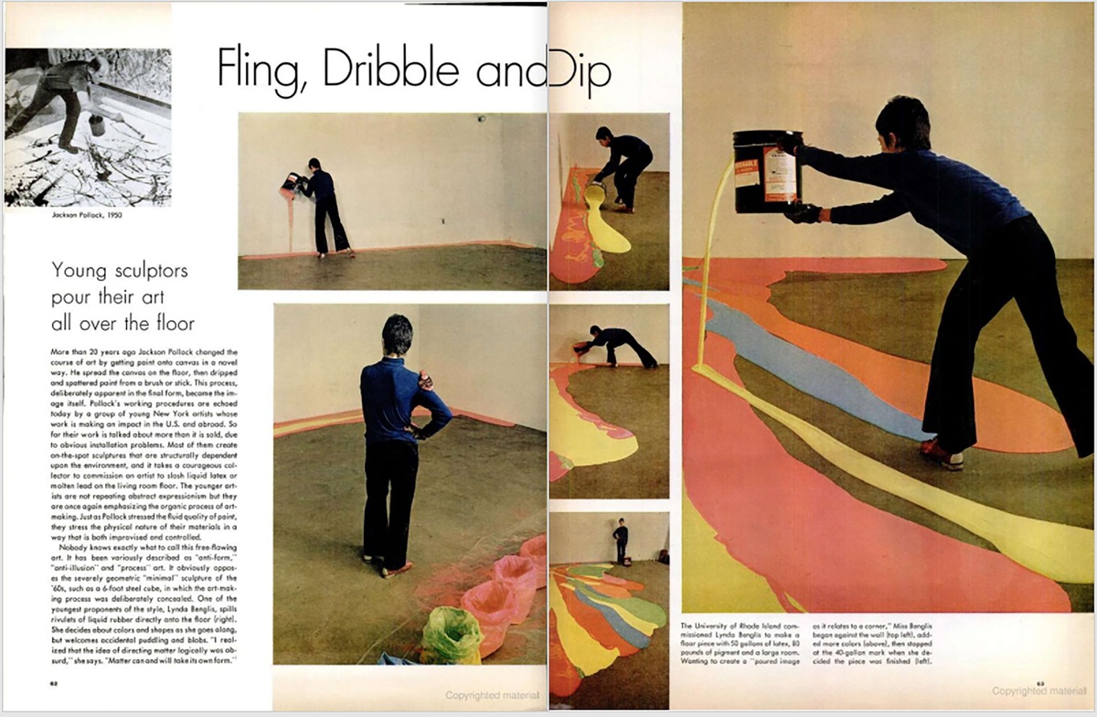 LIFE Magazine article titled "Fling, Dribble, and Flip" showing three color photos of Lynda Benglis creating colorful art