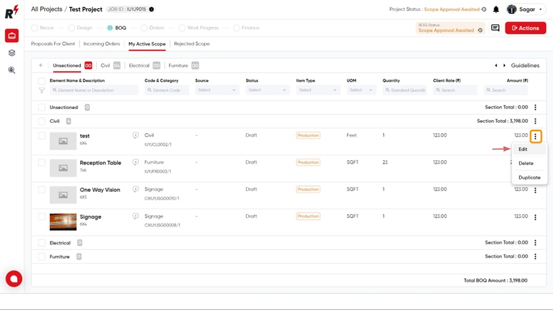 Creating and adding Sections and Elements to BOQ