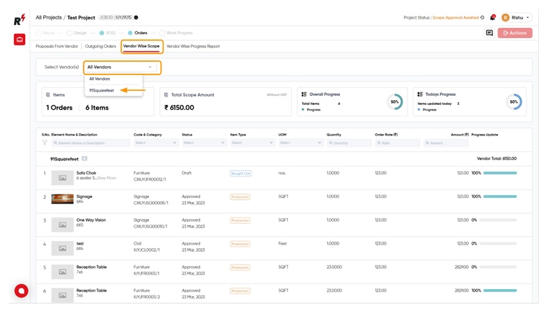 Vendor Wise Scope & Progress Update