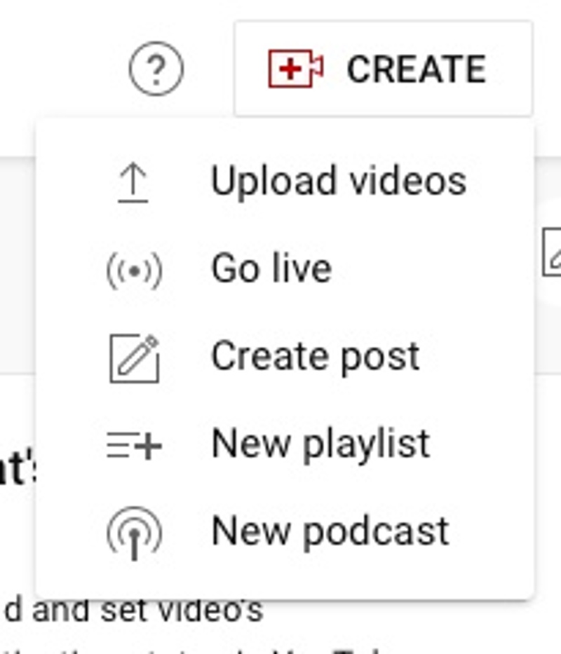 YouTube Studio Create Options