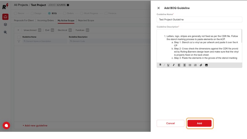 Creating and adding Sections and Elements to BOQ