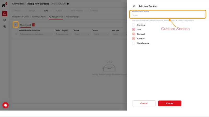 Creating and adding Sections and Elements to BOQ