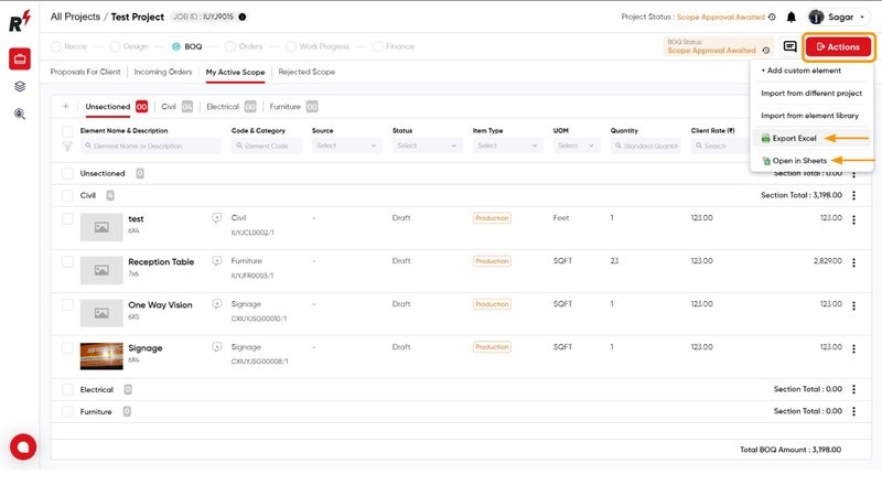 Creating and adding Sections and Elements to BOQ