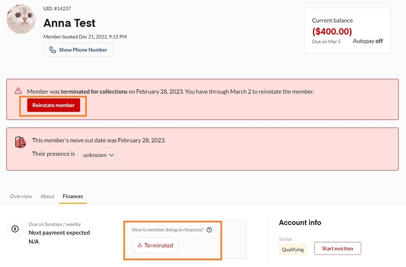 How do I reinstate a Member who was terminated for collections?