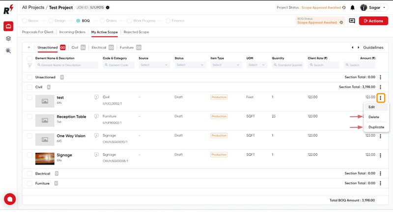 Creating and adding Sections and Elements to BOQ