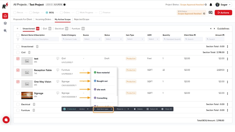 Creating and adding Sections and Elements to BOQ