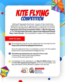 Thumbnail: P140K Total Cash Prize for Taguig City Kite Flying Competition on May 18, 2024