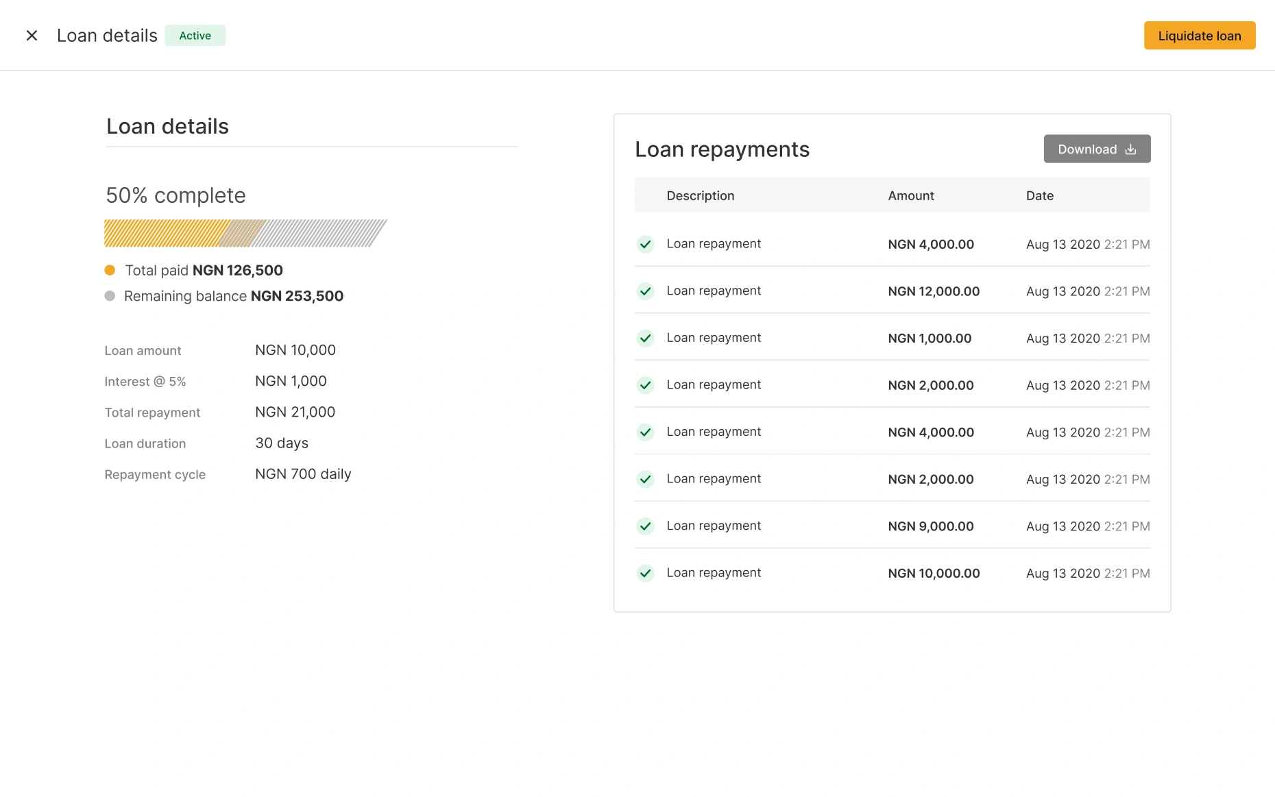 capture d'écran des détails du prêt