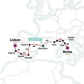 tourhub | G Adventures | Rome to Lisbon: Coasts & Countryside | Tour Map